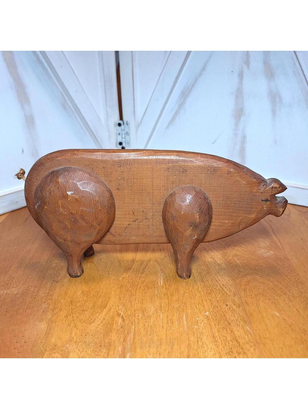 Vintage Wooden Country Farm Pig Figurine 5"H X 9"L X 1.75"W Twine Tail